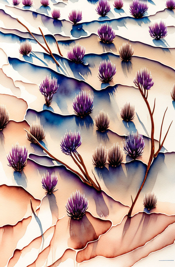 Purple Thistle Flowers Watercolor Painting on Beige Abstract Background