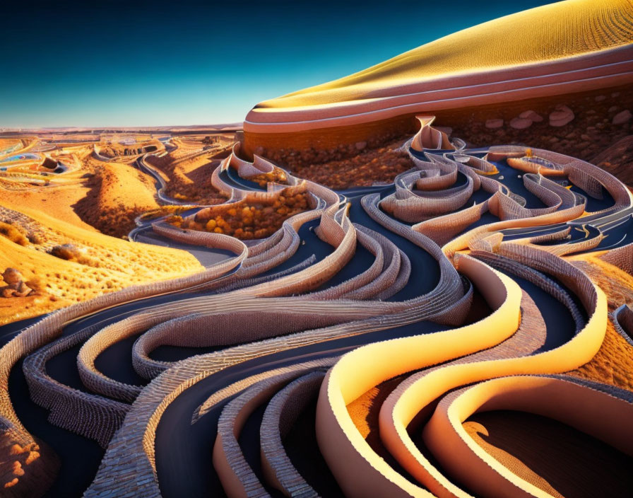 Surreal landscape: undulating sand dunes and sinuous ridges under clear blue sky