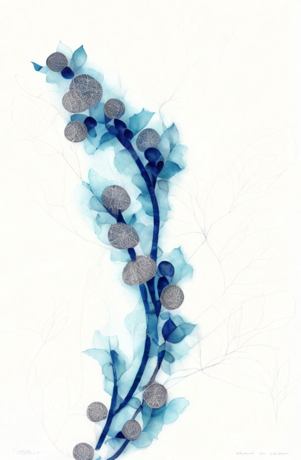 Detailed Artistic Rendering of Blue Vine and Grey Berries on Pale Background