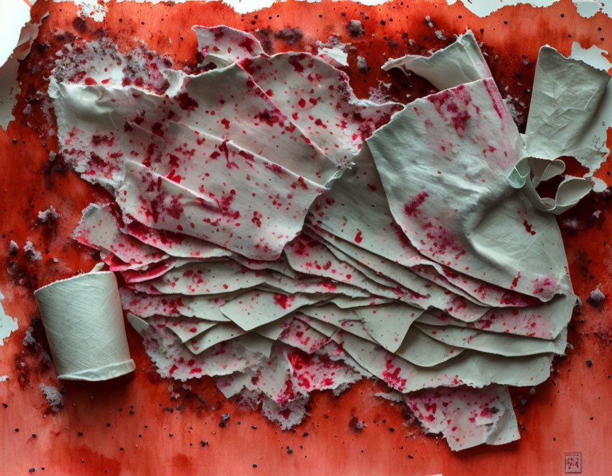 Messy red-stained sheets and paper rolls on surface symbolize creative or destructive activity