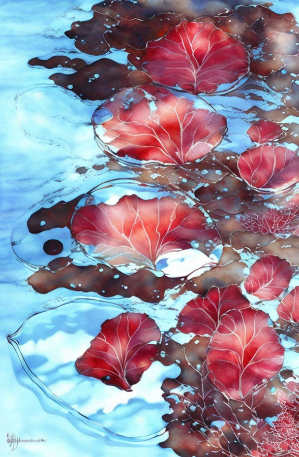 Autumn red leaves on serene blue water with ripples and reflections.