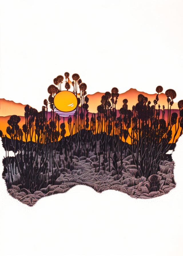 Stylized sunset illustration with yellow sun and black silhouetted flora