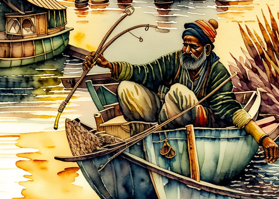 Illustration of old fisherman in boat with fishing rod on tranquil water.