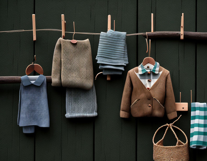 Clothes hanging on line with wooden pegs on green background