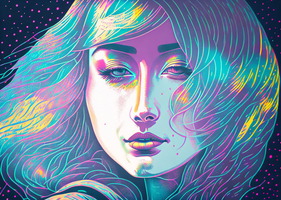 Vibrant digital portrait of woman with wavy hair on starry neon background