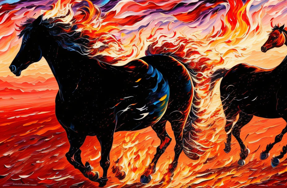 Dynamic Painting of Black Horses Galloping Amid Fiery Swirls