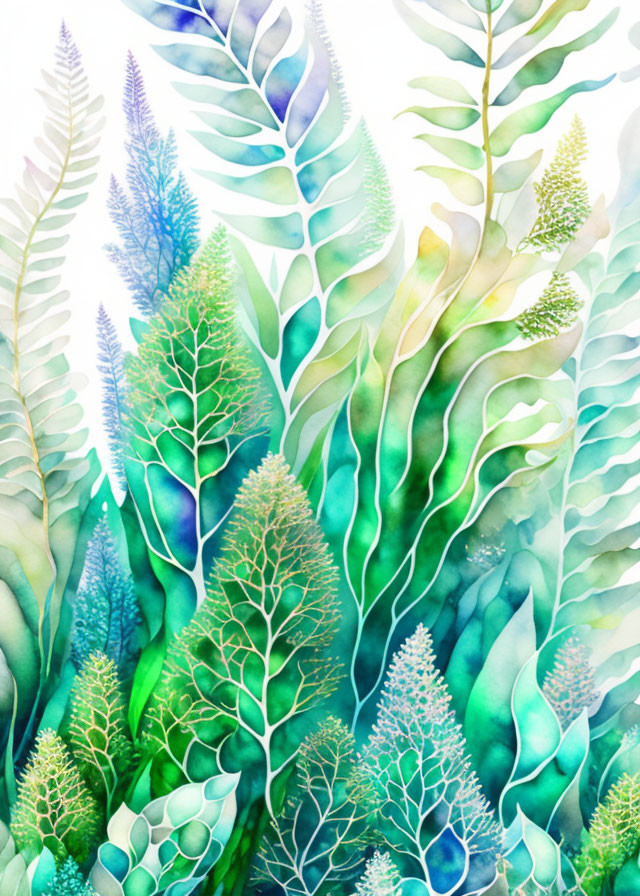 Vibrant Green and Blue Plants Illustration with Watercolor Texture