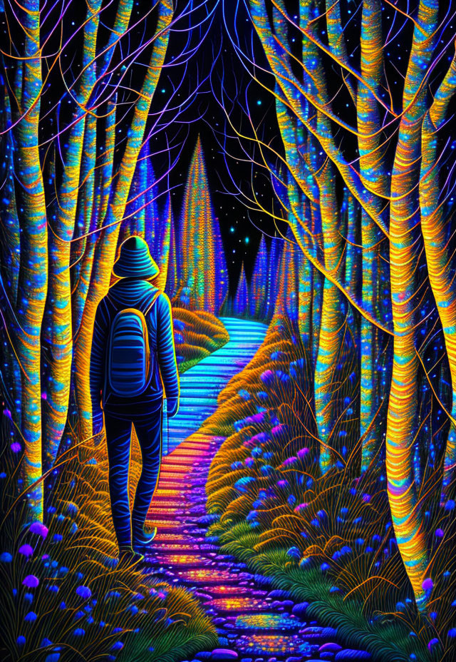 Vibrant neon-lit path in mystical forest with glowing trees under starry sky