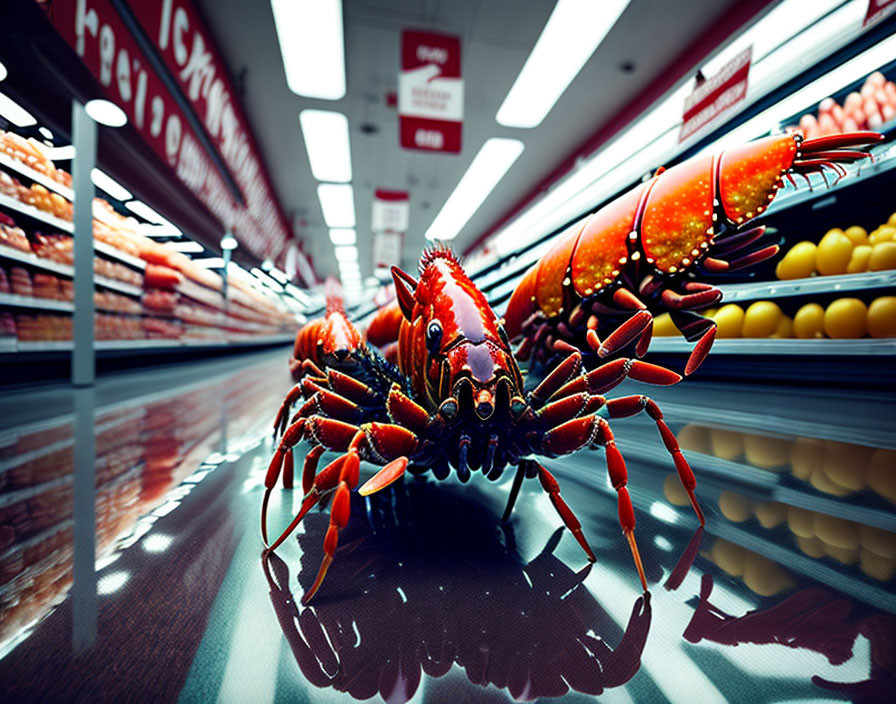 Enormous lobster among grocery store shelves