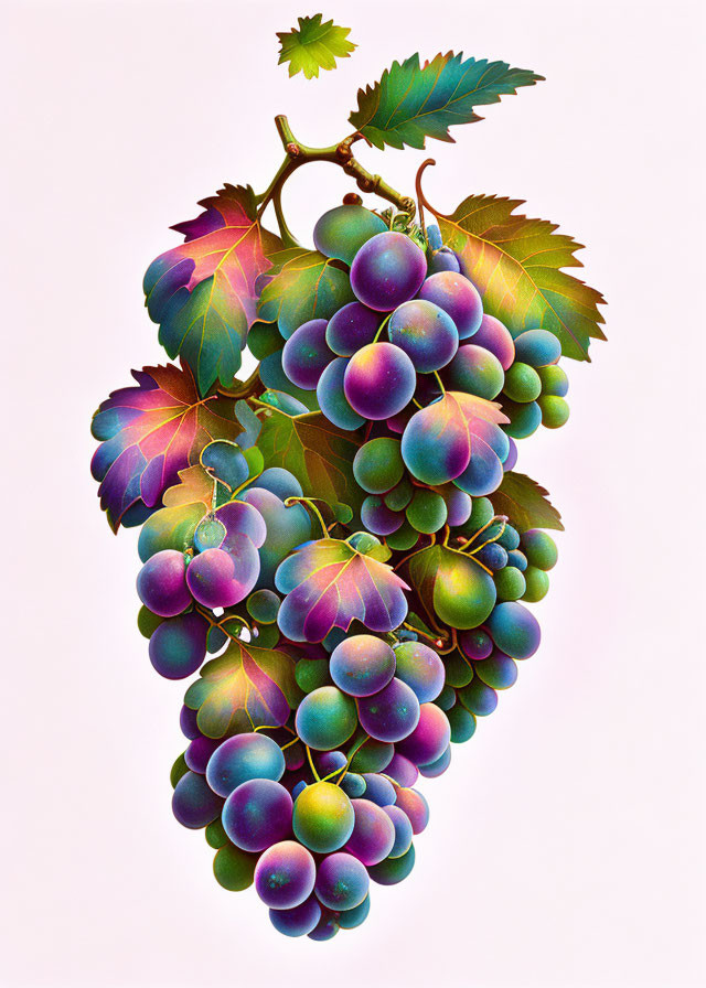 Colorful cluster of grapes with leaves on light background