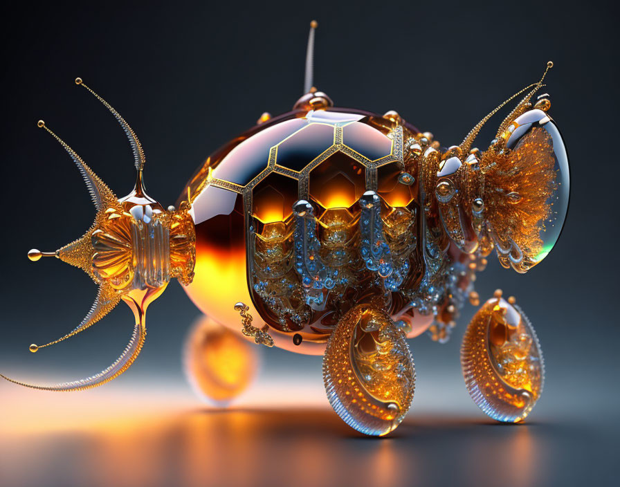 Intricate Gold and Glass Mechanical Insect on Blue-Gray Background