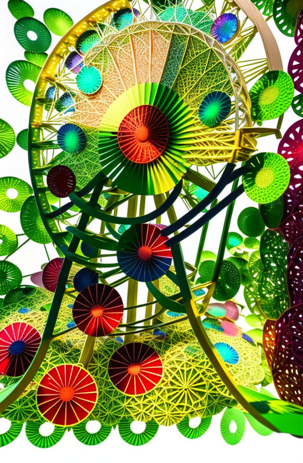 Vibrant abstract graphic with interwoven ferris wheels and floral patterns