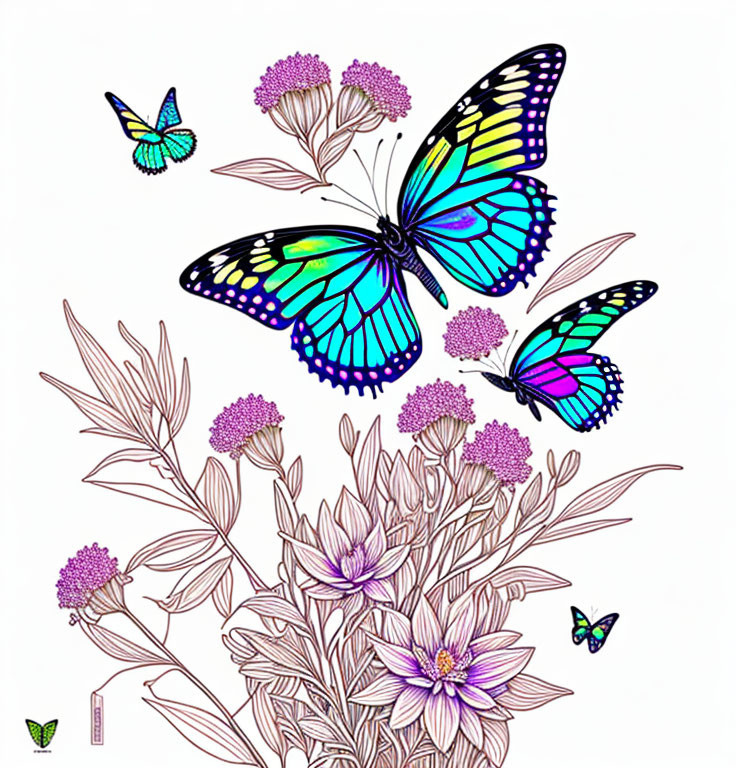 Colorful Butterfly Illustration Among Flowers and Plants