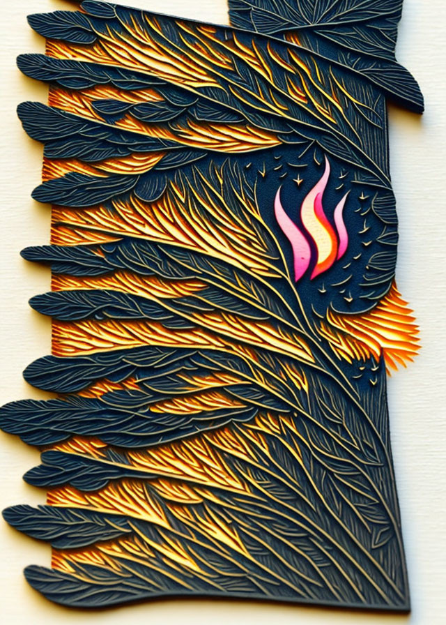 Flame and Feather Design in Blue and Gold on White Background