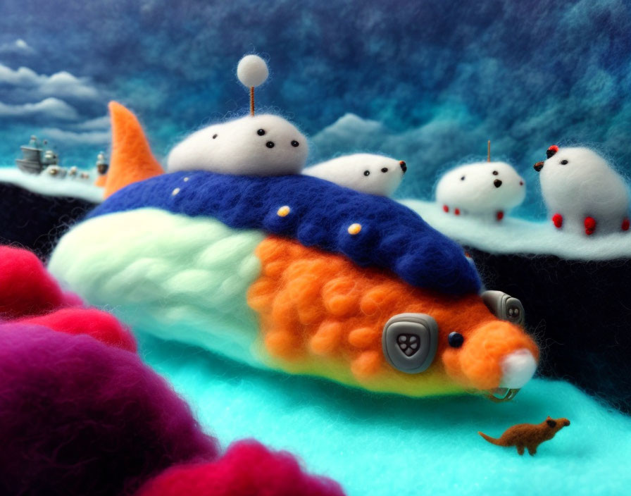 Vibrant felt art: orange and blue fish zeppelin with white figures, textured landscape & felt