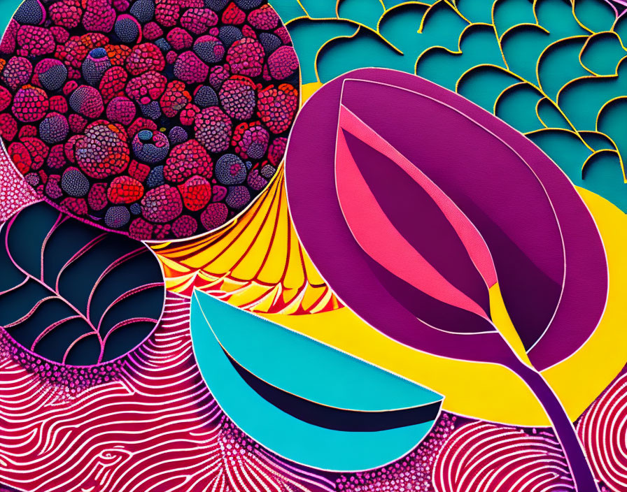 Colorful Abstract Artwork with Scales, Spirals, and Organic Shapes