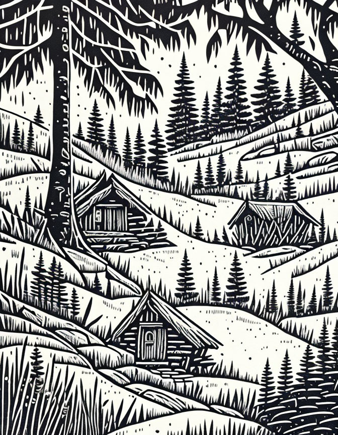 Snowy landscape with pine trees and cabin in monochrome art