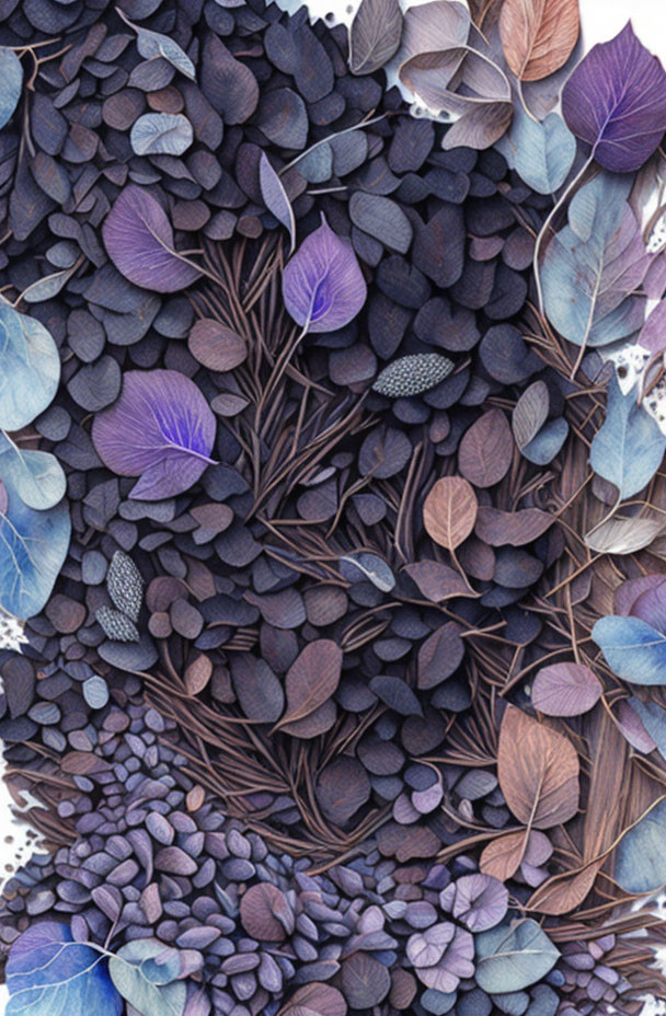 Purple and Blue Toned Leaves and Petals in Dense Array