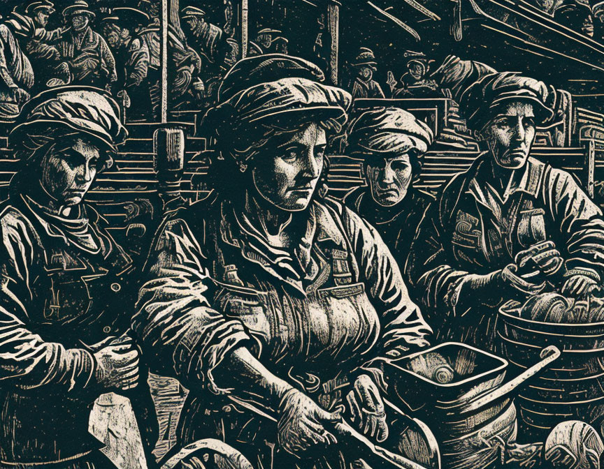 Illustration of female worker operating machinery in industrial setting