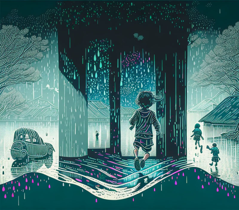 Vibrant stylized illustration of children playing in rain at night