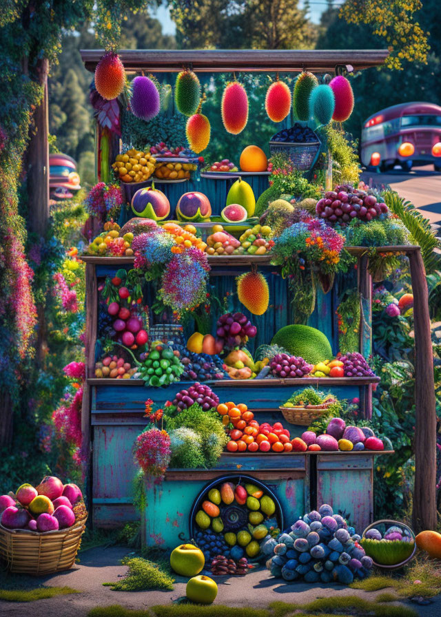 Colorful Fruit Stand with Flowers on Sunny Street