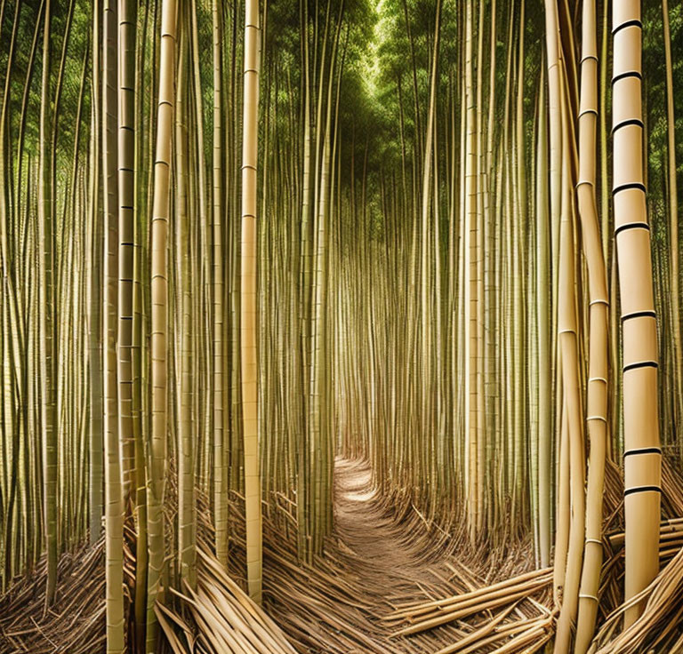 Tranquil Bamboo Forest with Winding Path Through Towering Stalks