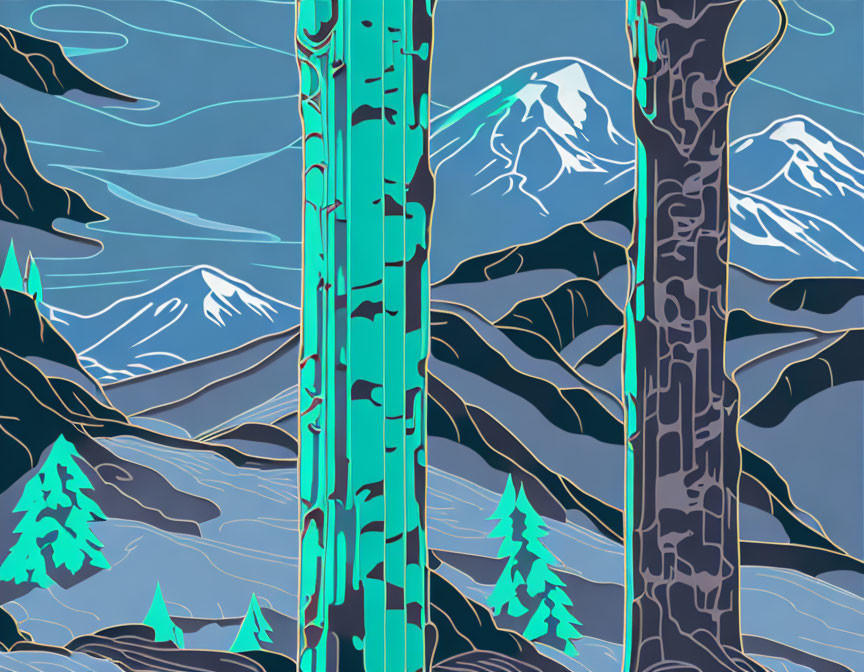 Mountainous Landscape Illustration with Turquoise Trees and Snow-Capped Peaks