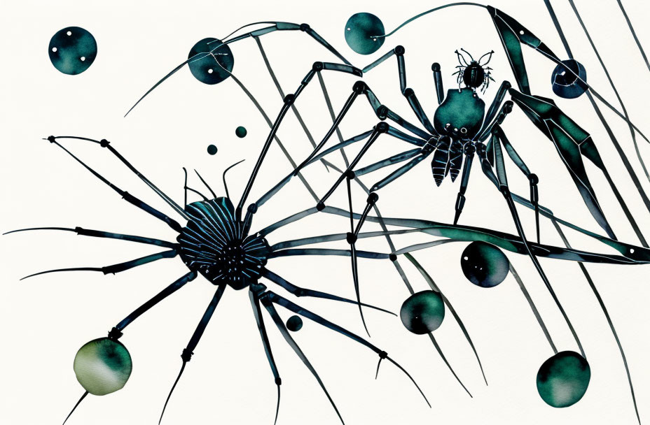 Abstract artwork: Mechanical spiders with elongated limbs and spherical joints on white background