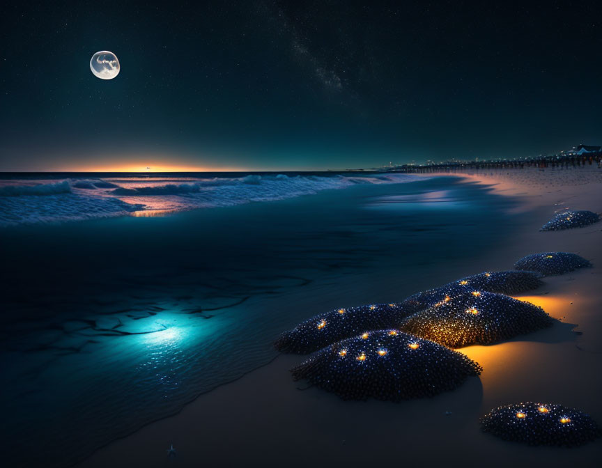 Starry night beach scene with sea turtles under moonlit sky