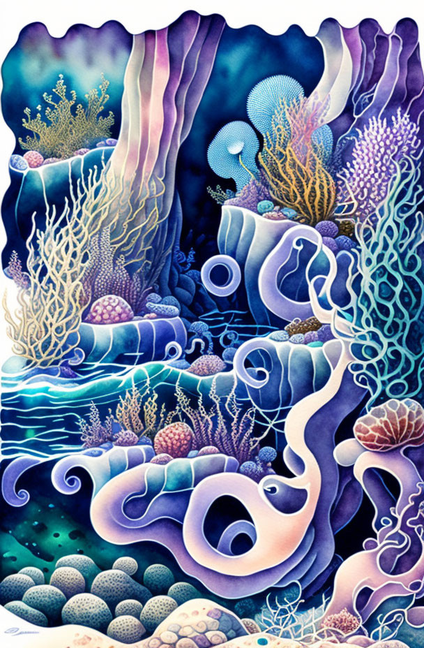 Colorful coral reef with jellyfish and swirling patterns in underwater scene