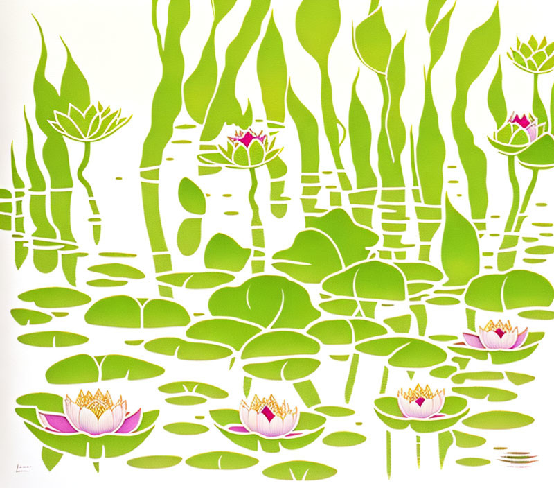 Stylized graphic of pond with lotus leaves, flowers, and reflections.