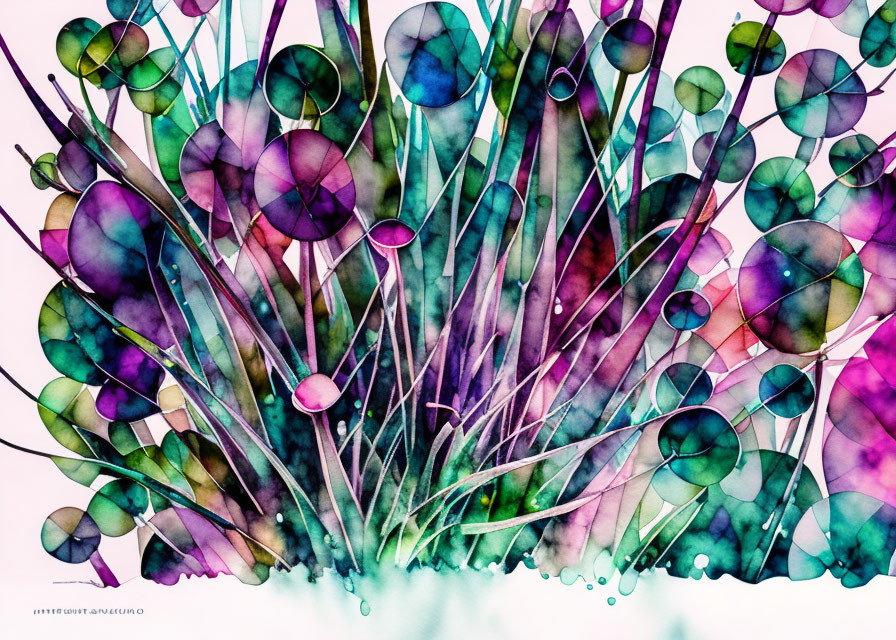 Vibrant watercolor painting: abstract circles resembling whimsical flowers.