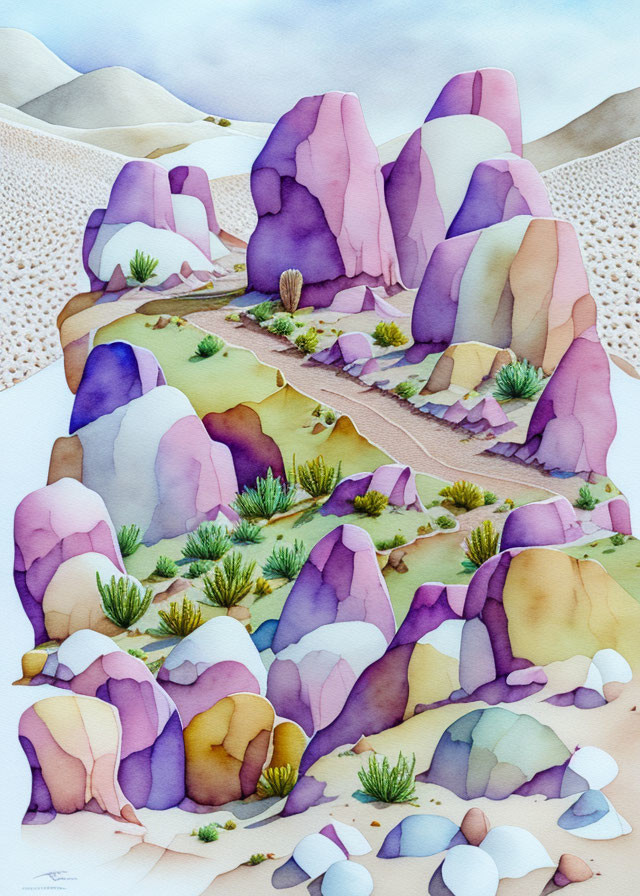 Vibrant watercolor desert landscape with pastel rock formations