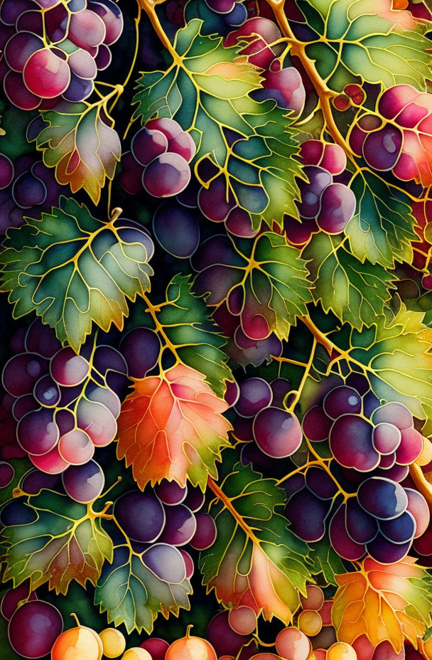 Detailed Illustration of Ripe Grape Clusters and Leaves