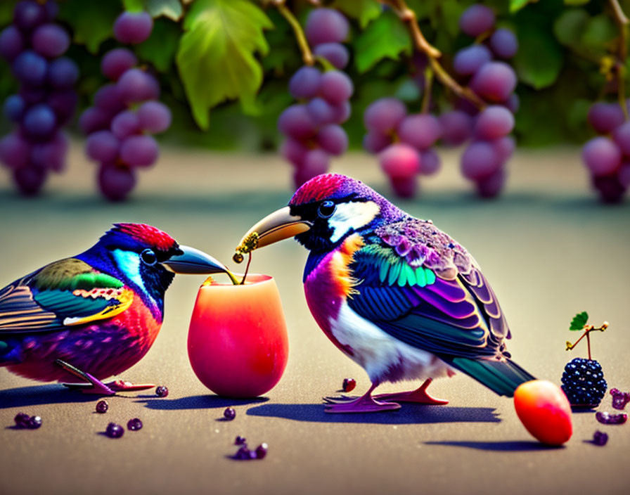 Colorful Birds with Fruit on Table: Bird Feeding Grape