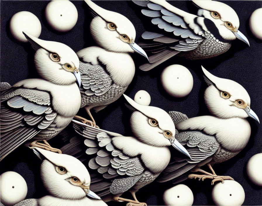 Stylized bird illustrations with human-like eyes among round white objects