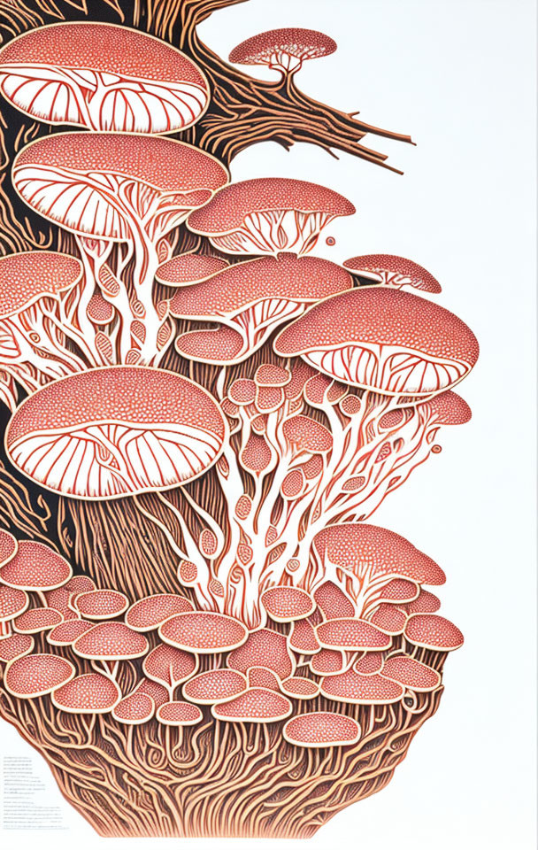 Detailed Mushroom Cluster Illustration on Textured Tree Trunk