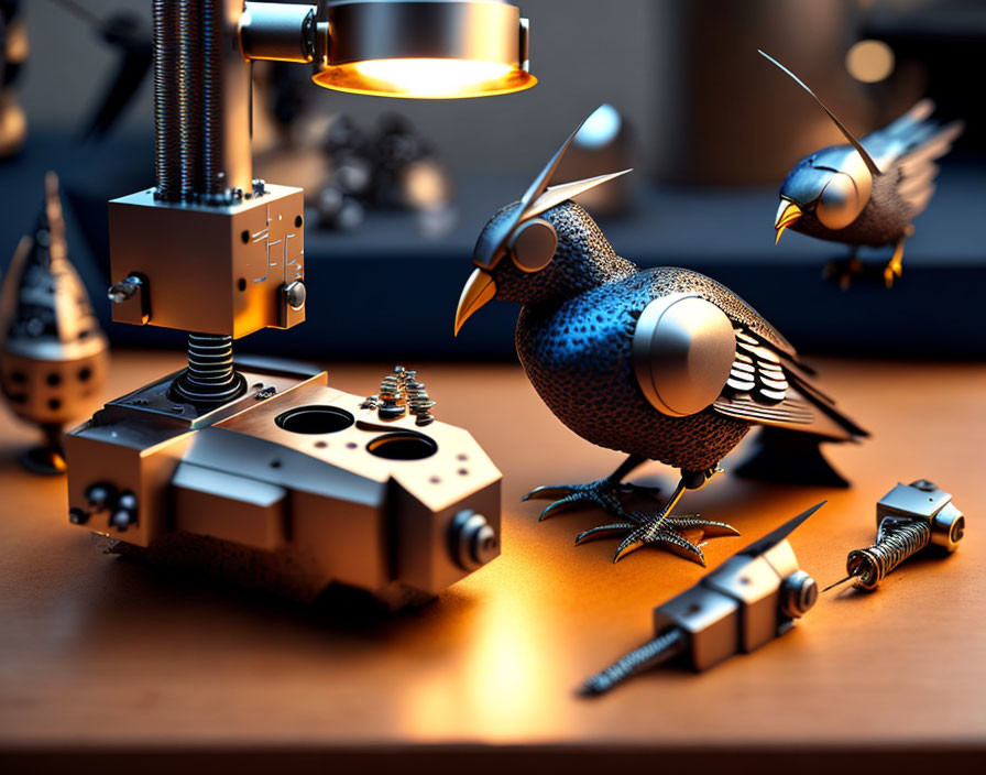 Mechanical birds in 3D illustration with screw and gear elements on a workbench.