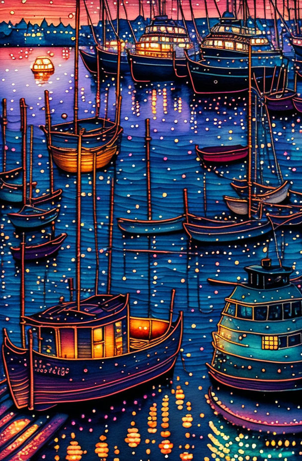 Vibrant boat fleet art on starry night with water reflections