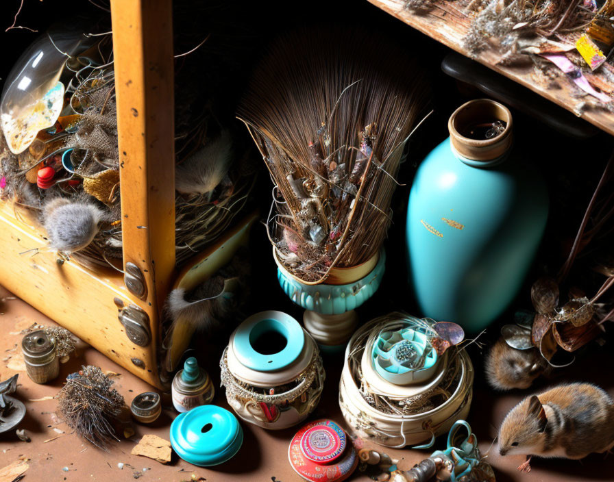 Assorted objects on shelf: blue vase, jars, whisk broom, rodent, trink