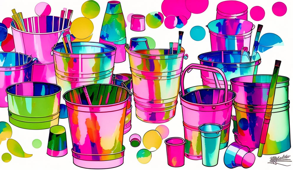 Vibrant illustration of buckets and cups in assorted sizes on translucent background with floating circles