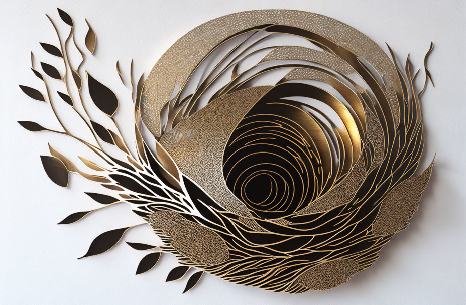 Golden Paper Art Sculpture with Spiral Patterns and Leaf Motifs