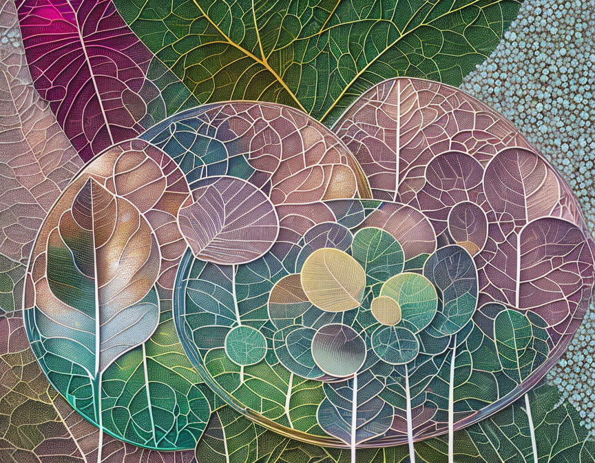 Vibrant leaf patterns in overlapping circles with warm and cool tones