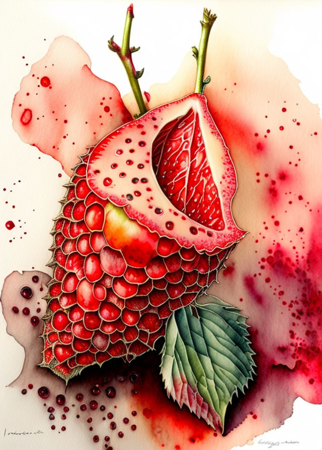 Detailed Watercolor Illustration of Cut-Open Strawberry