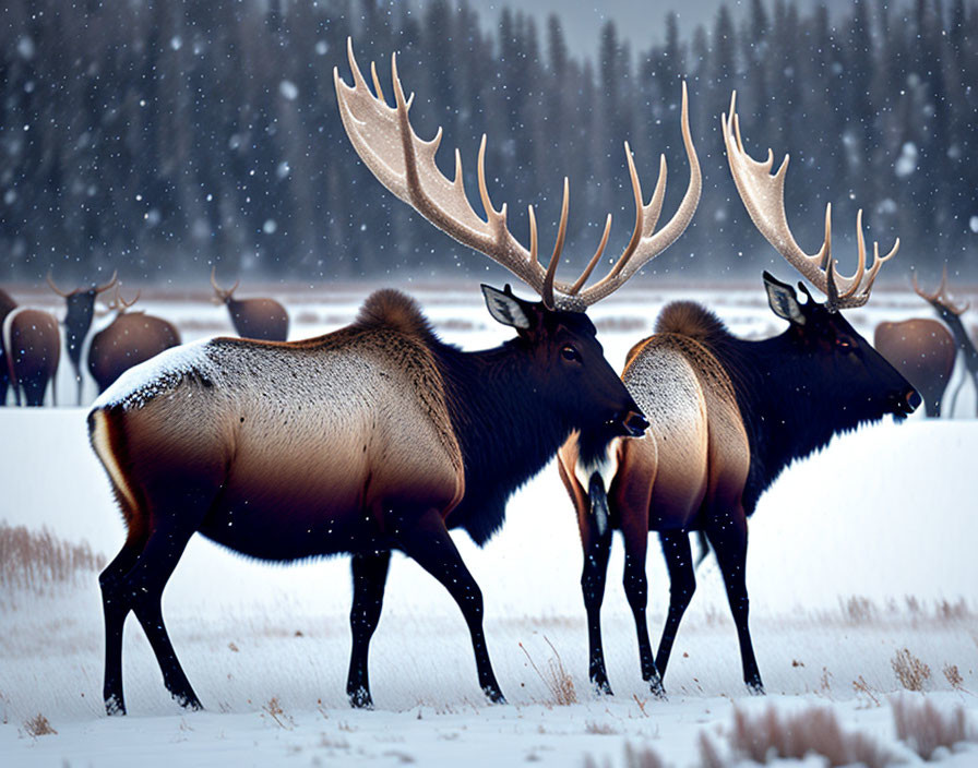Majestic elk with impressive antlers in snowy landscape