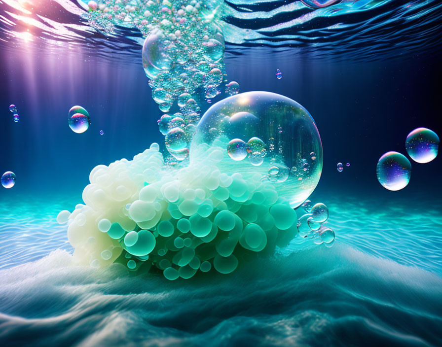 Translucent sphere cluster with light creating vibrant aquatic scene
