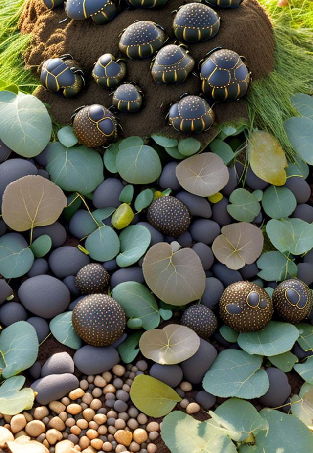 Ornate dark spheres in green leaf and stone setting