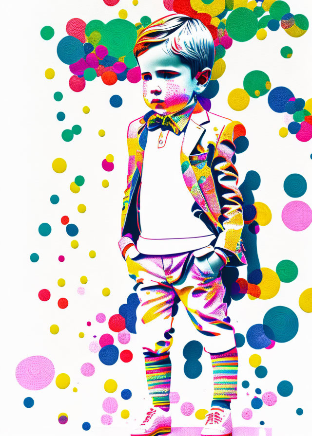 Colorful Psychedelic Patterns Surrounding Young Boy in Suit