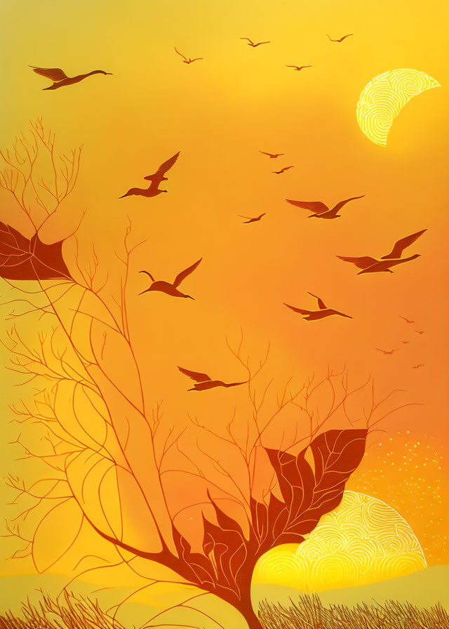 Birds flying over silhouetted trees in orange-yellow sky with patterned moon