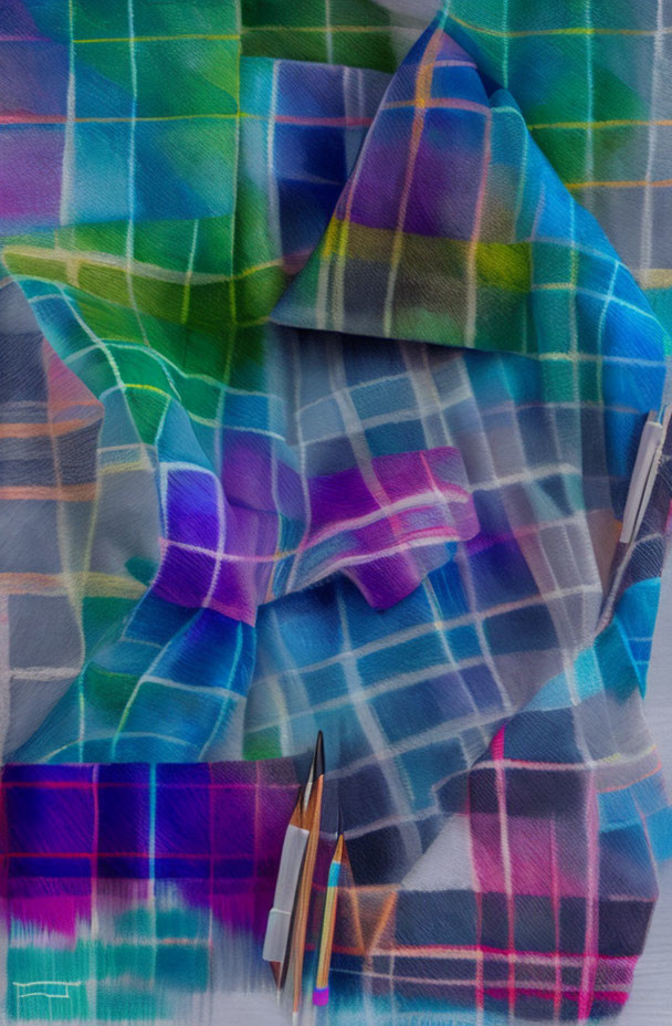 Vibrant gradient checked fabric draped with pencils on white surface